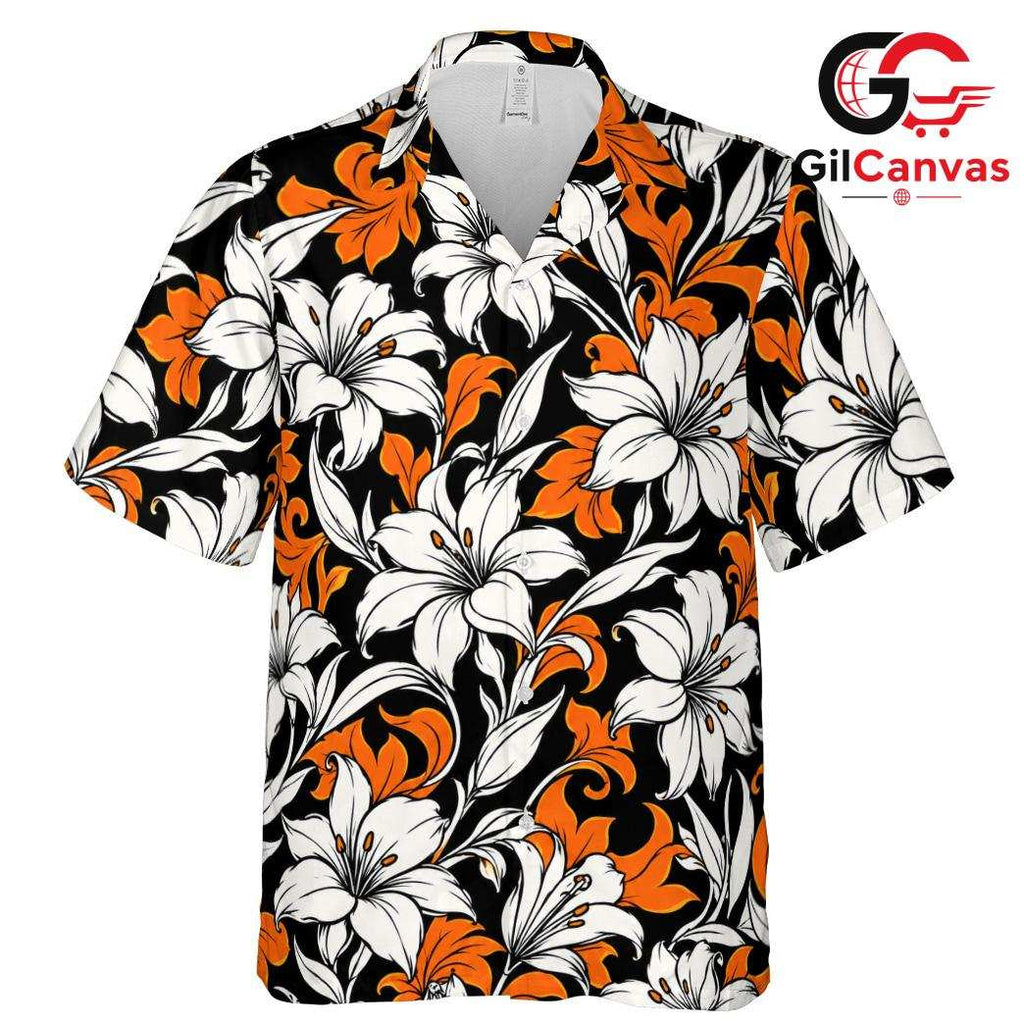 Black Orange Lily Tropical Shirt, Unisex Beach Vacation Wear Summer Holiday