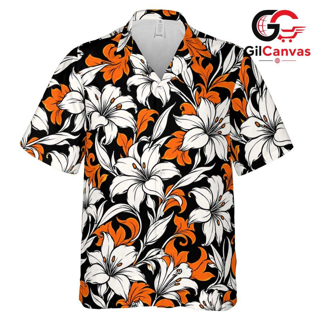 Black Orange Lily Tropical Shirt, Unisex Beach Vacation Wear Summer Holiday