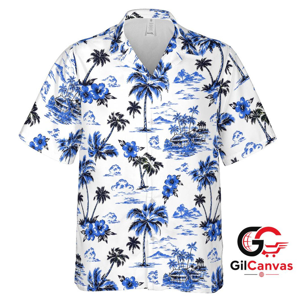 Blue Floral Design Hawaiian Tee Unisex Tropical Vacation Summer Beachwear Fit
