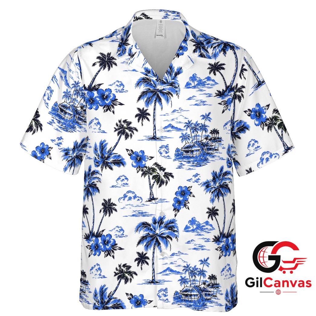 Blue Floral Design Hawaiian Tee Unisex Tropical Vacation Summer Beachwear Fit