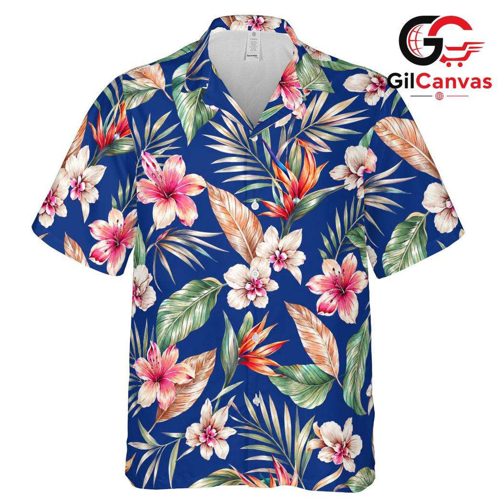 Blue Floral Palm Leaf Aloha Shirt, Casual Unisex Wear For Summer Vacations