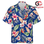 Blue Floral Palm Leaf Aloha Shirt, Casual Unisex Wear For Summer Vacations