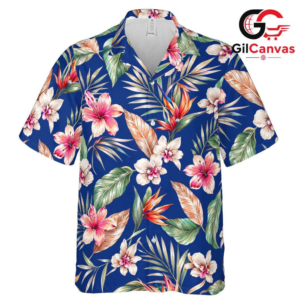 Blue Floral Palm Leaf Aloha Shirt, Casual Unisex Wear For Summer Vacations