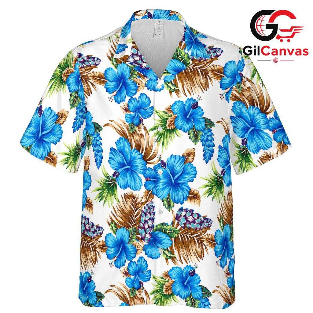 Blue Floral Tropical Palm Tee, Premium Mens Aloha Style Beachwear Summer Holiday