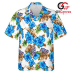 Blue Floral Tropical Palm Tee, Premium Mens Aloha Style Beachwear Summer Holiday