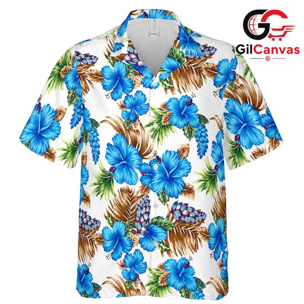 Blue Floral Tropical Palm Tee, Premium Mens Aloha Style Beachwear Summer Holiday