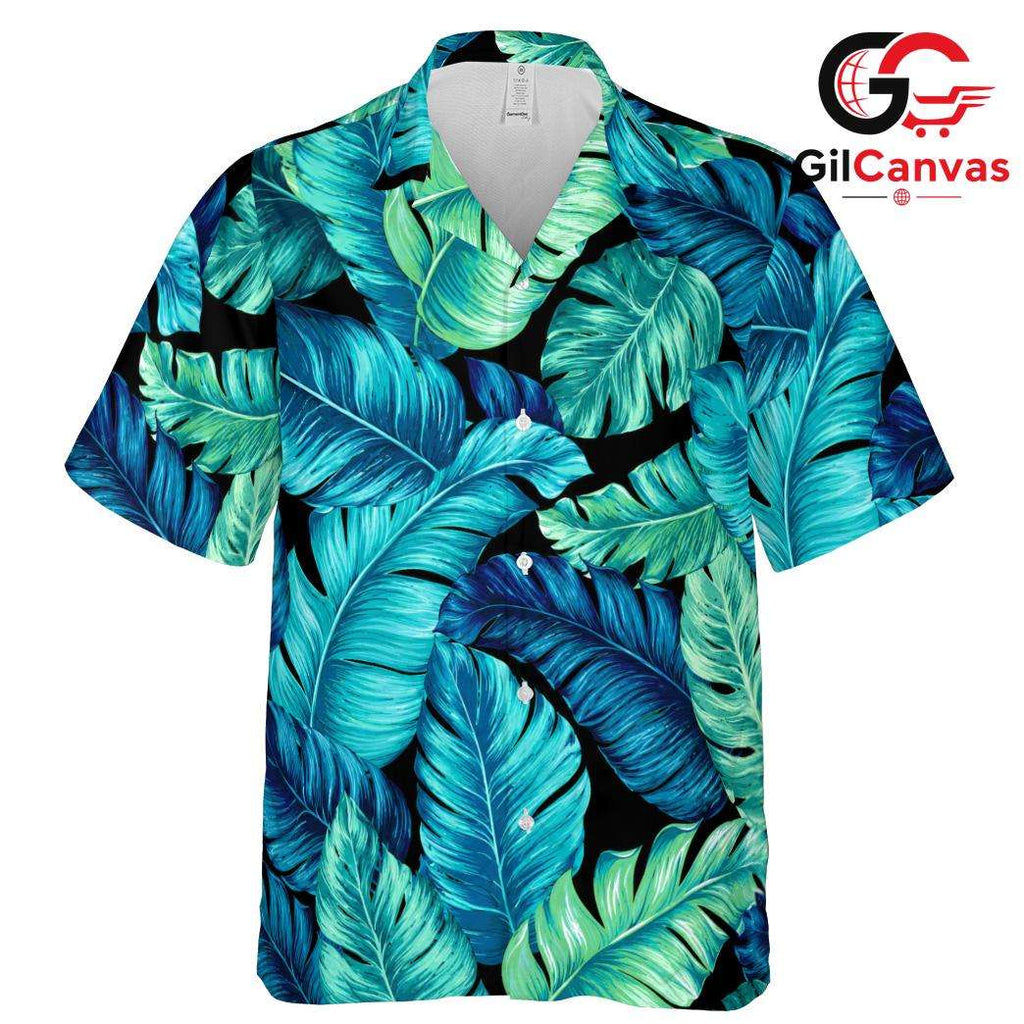 Blue Green Palm Leaf Aloha Shirt, Premium Mens Beach Resort Wear Summer Vacation
