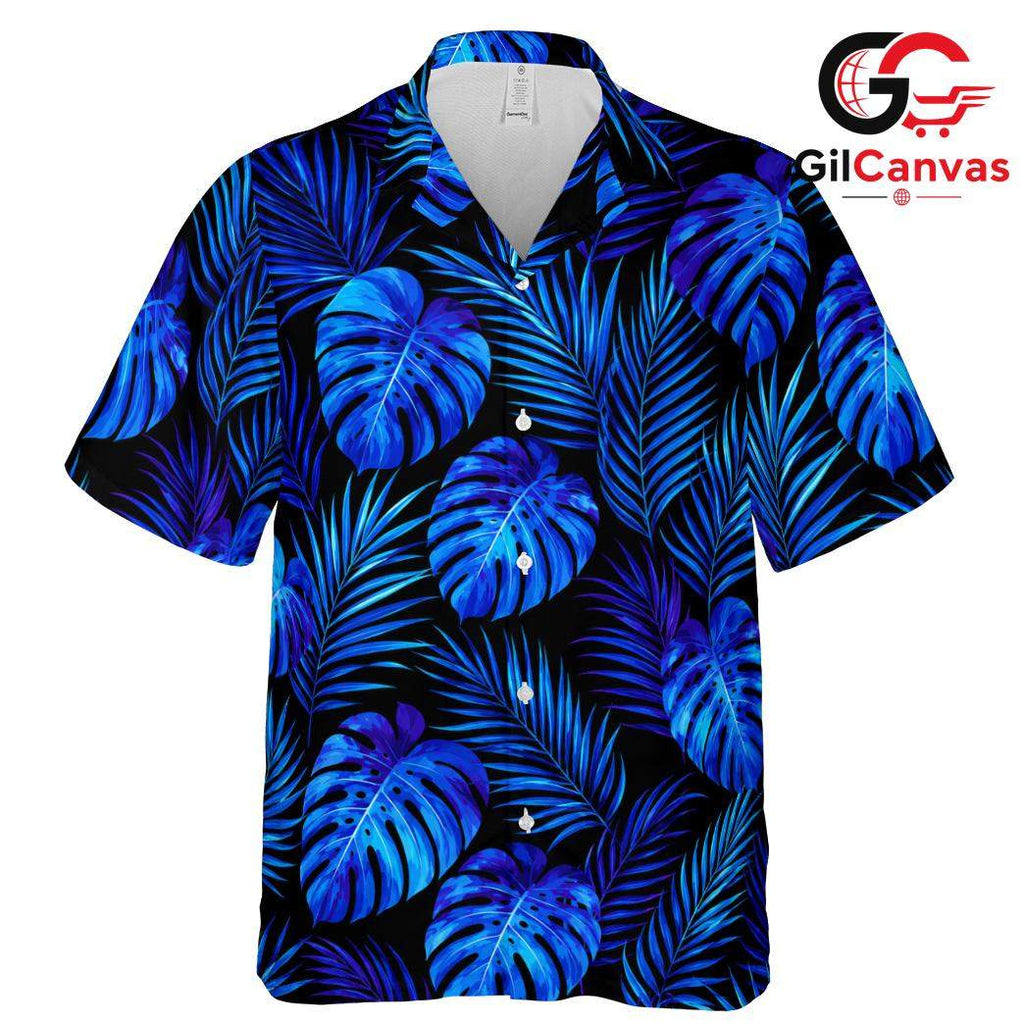 Blue Monstera Palm Leaf Shirt, Vibrant Unisex Resort Wear Summer Vacation