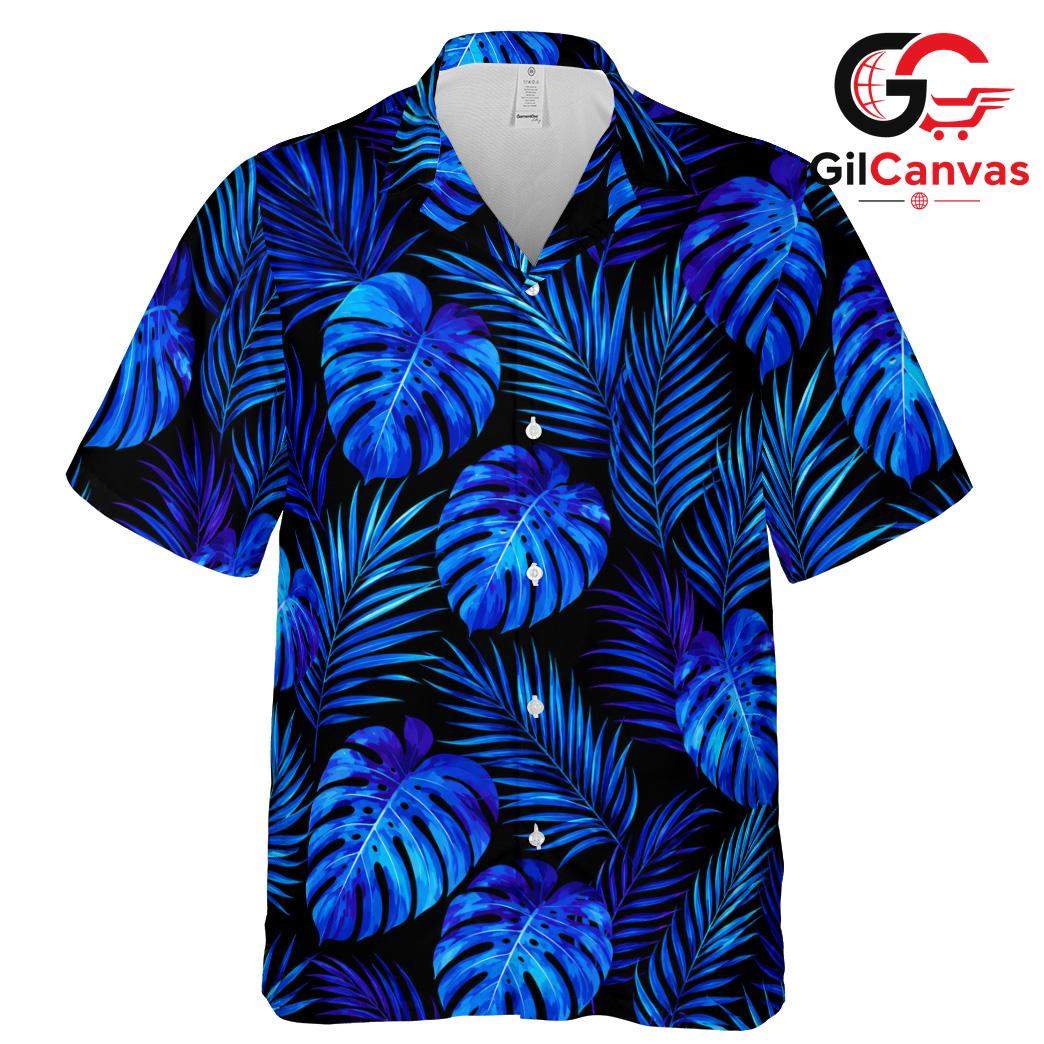 Blue Monstera Palm Leaf Shirt, Vibrant Unisex Resort Wear Summer Vacation
