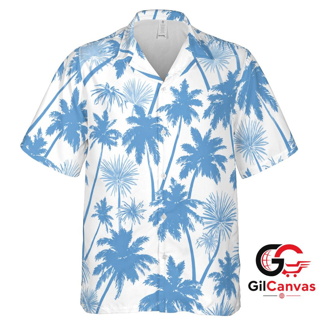 Blue Palm Tree Hawaiian Shirt For Beach Vacation Unisex Summer Casual Outfit