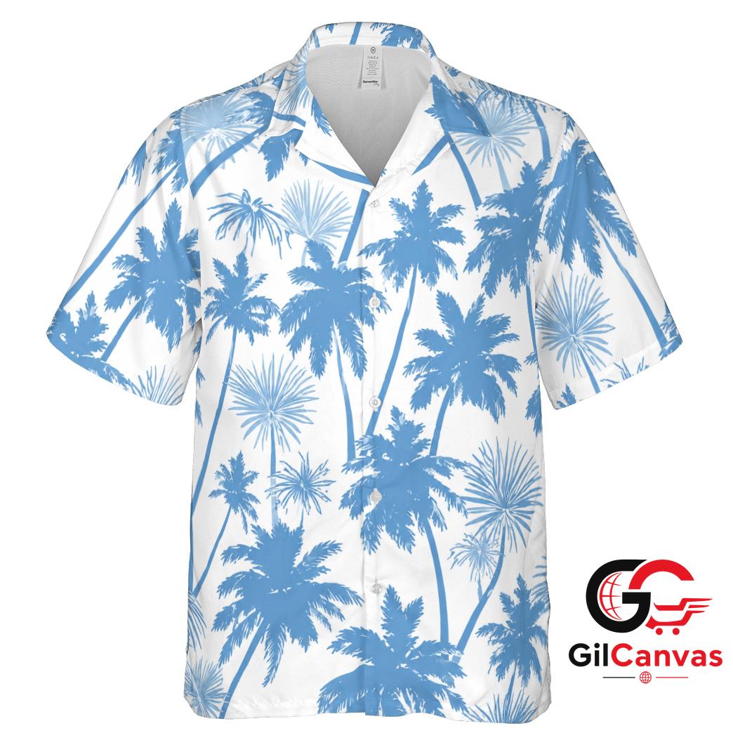 Blue Palm Tree Hawaiian Shirt For Beach Vacation Unisex Summer Casual Outfit