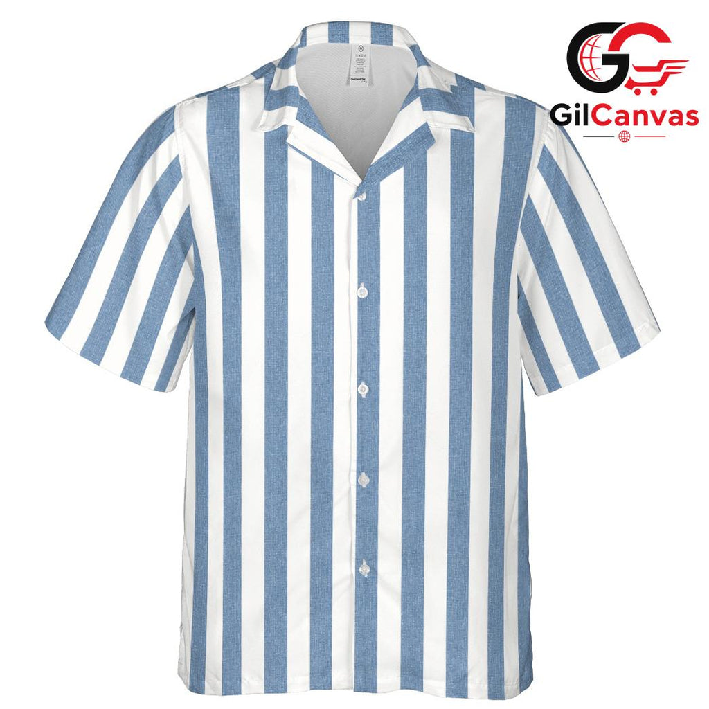 Blue White Vertical Stripe Shirt, Casual Unisex Aloha Resort Wear Summer Vacation