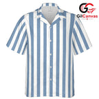 Blue White Vertical Stripe Shirt, Casual Unisex Aloha Resort Wear Summer Vacation