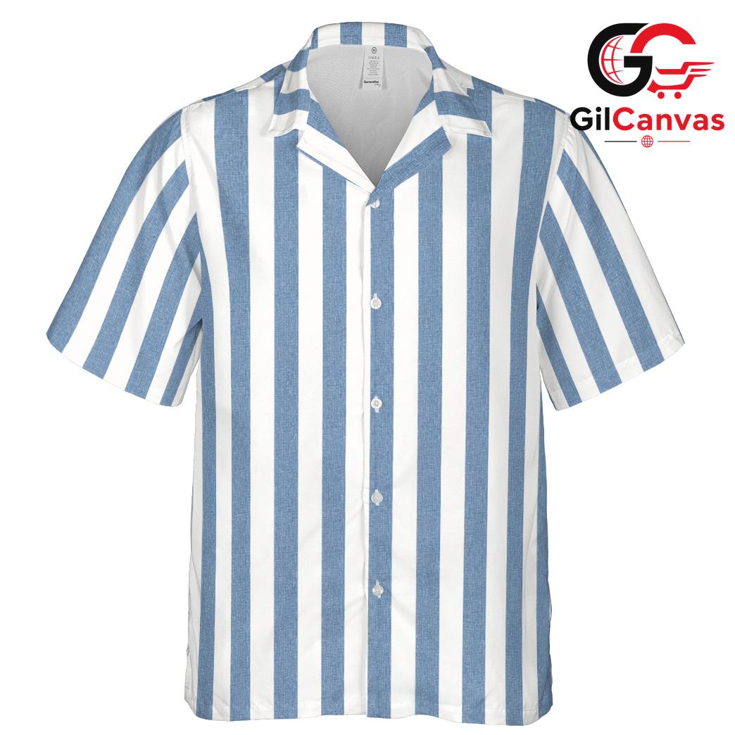 Blue White Vertical Stripe Shirt, Casual Unisex Aloha Resort Wear Summer Vacation