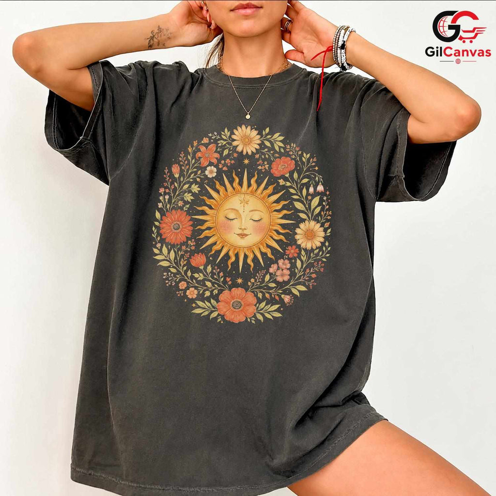 Boho Floral Sun Face T-Shirt Sleeping Summer Solstice Unisex Celestial Nature Tee