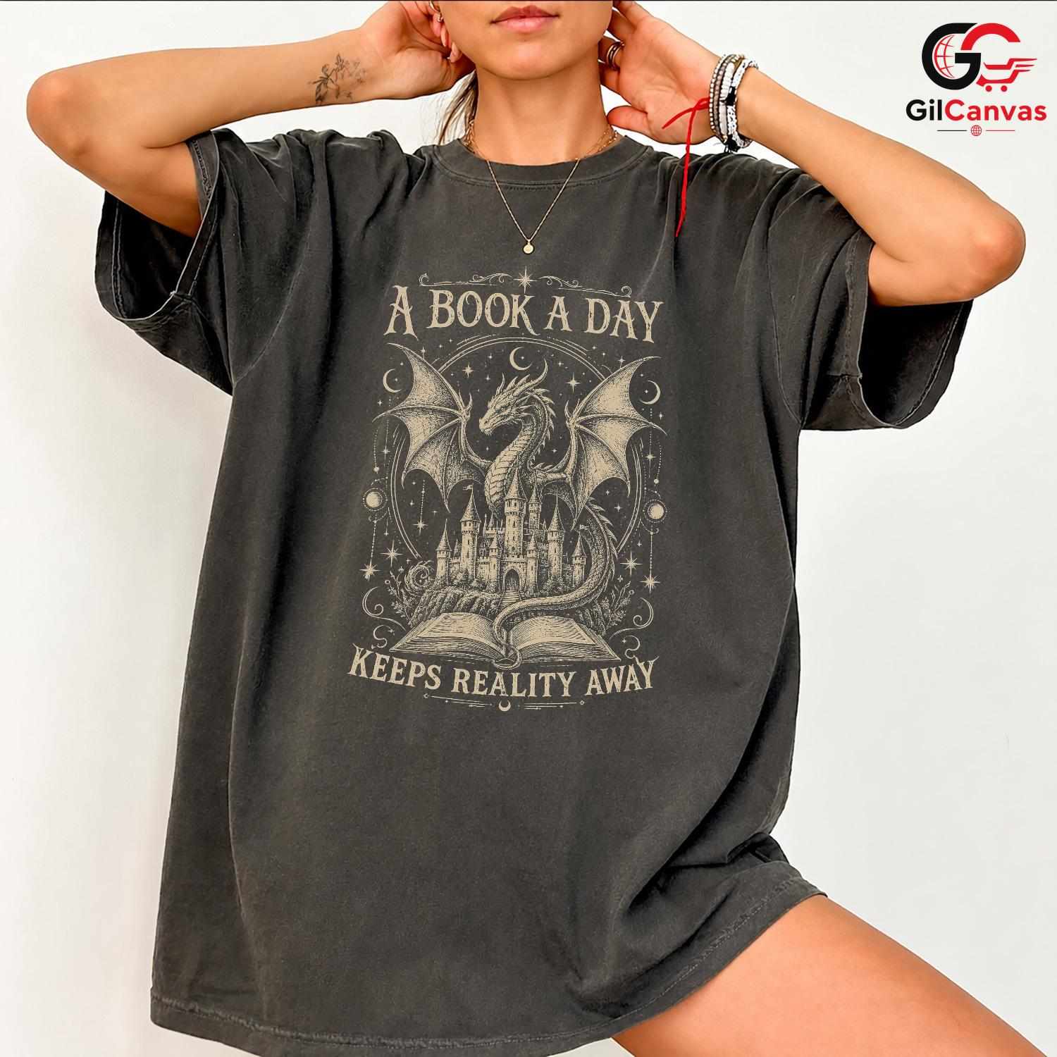 Book A Day Dragon T-Shirt Fantasy Themed Lover Graphic Novelty Unisex Apparel