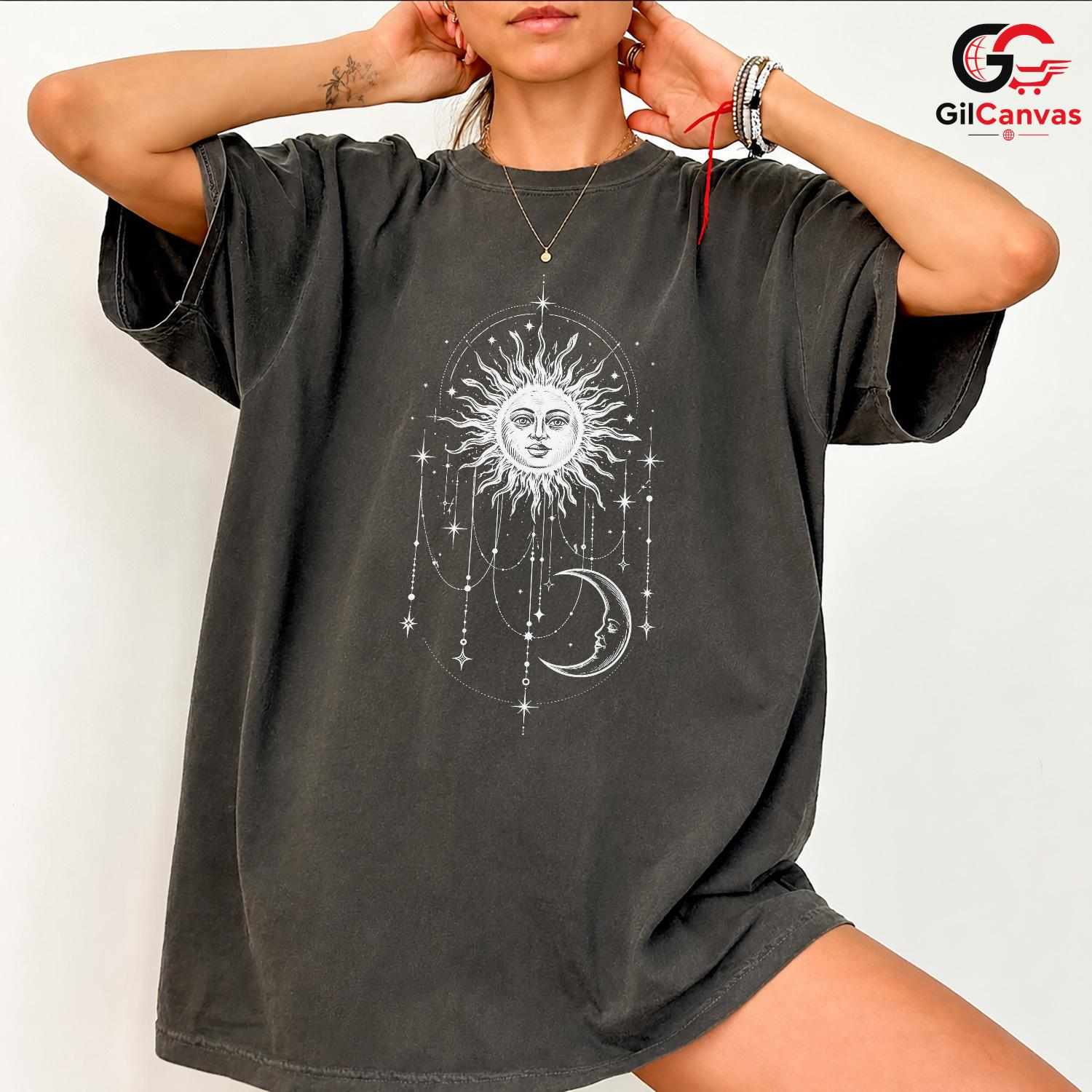 Celestial Sun Moon Stars T-Shirt Bohemian Witchy Art Unisex Graphic Apparel Tee