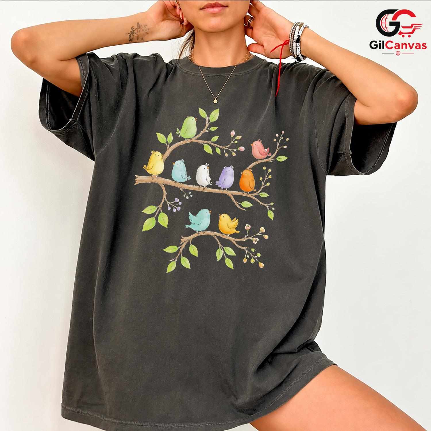 Colorful Bird Floral Tee Shirt Spring Event Cute Nature Unisex Graphic Tee