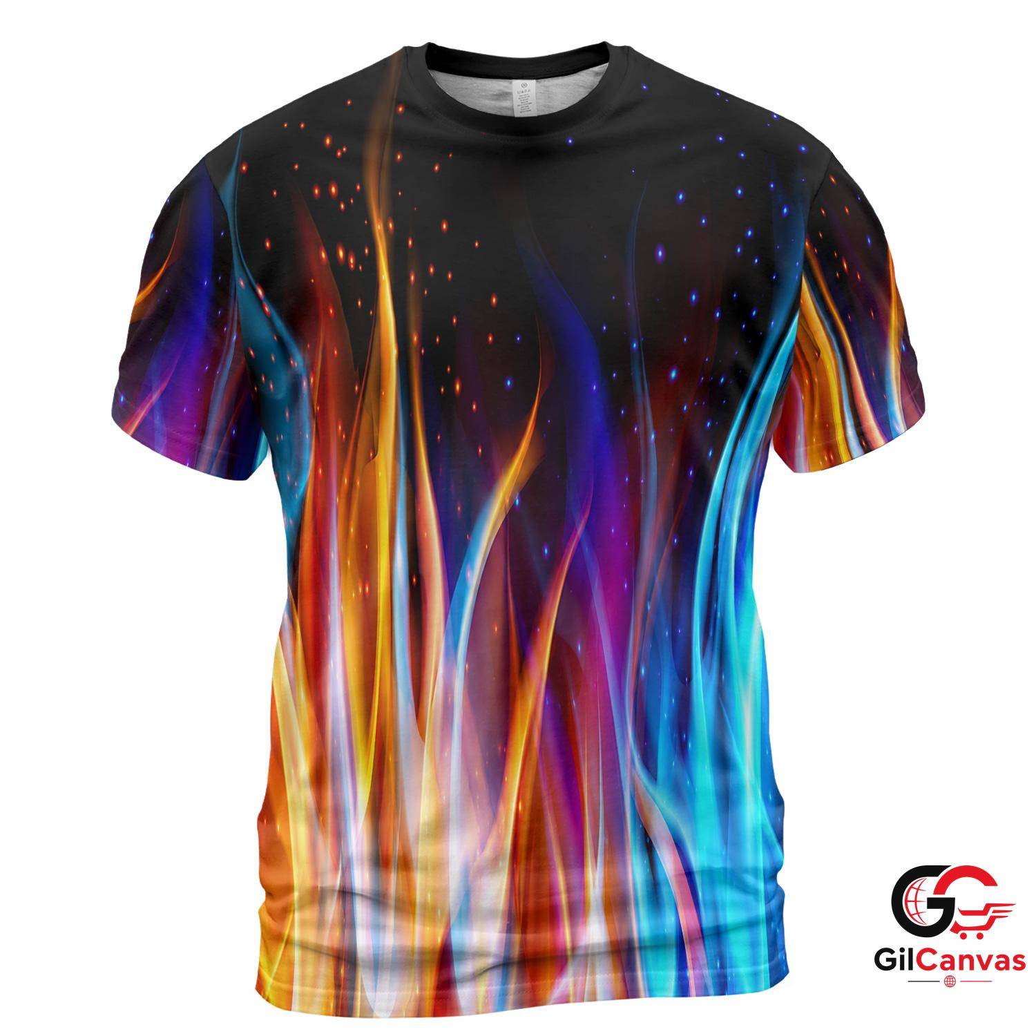 Colorful Flames 3D T-Shirt, Cool Unisex Fire Graphic Tee Gift For Festivals