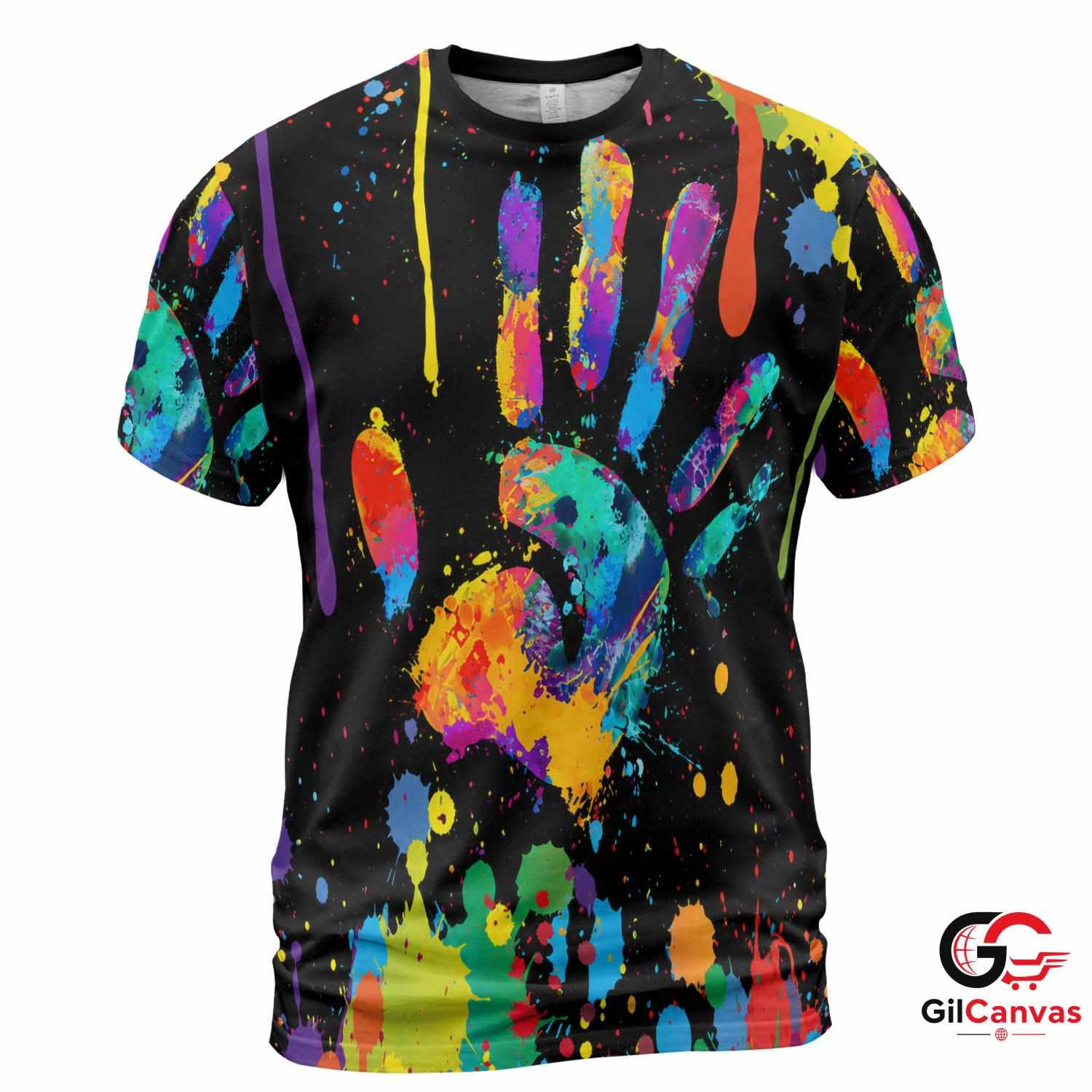 Colorful Handprint 3D T-Shirt, Vibrant Unisex Art Festival Graphic Tee Gift