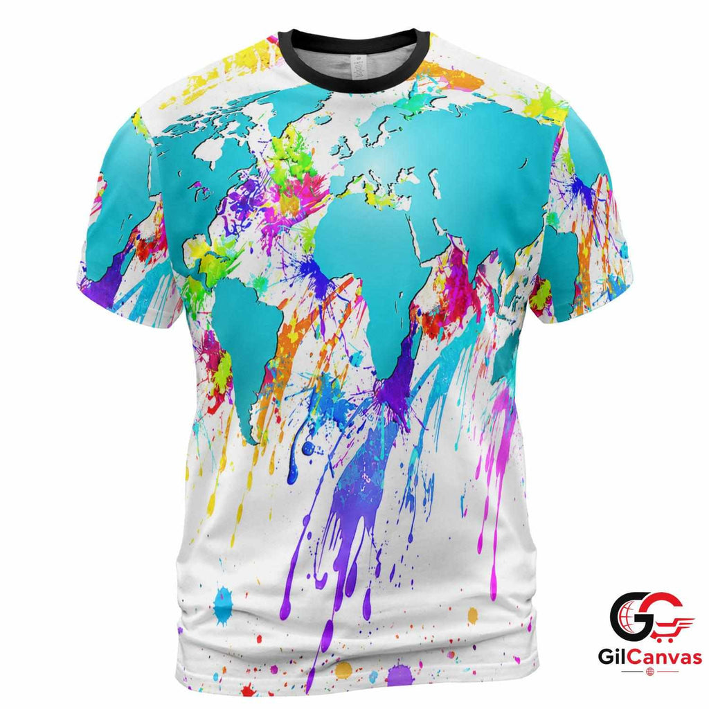 Colorful Map 3D T-Shirt, Unisex World Travel Graphic Tee Gift For Explorers