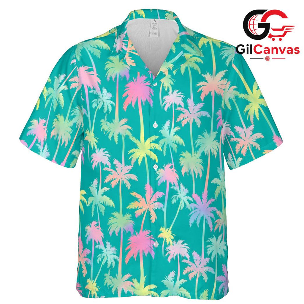 Colorful Palm Tree Shirt Men, Tropical Style Beach Wear Summer Vacations