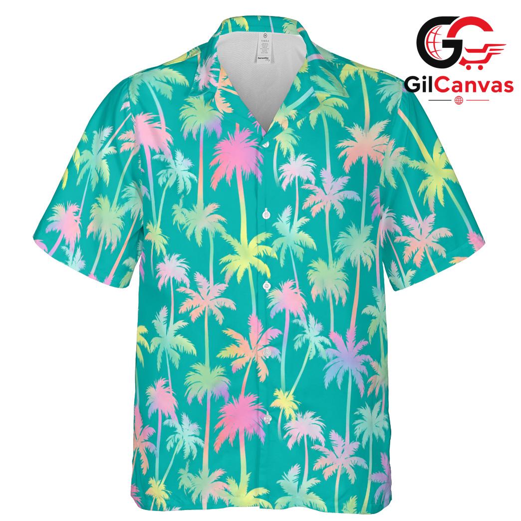 Colorful Palm Tree Shirt Men, Tropical Style Beach Wear Summer Vacations