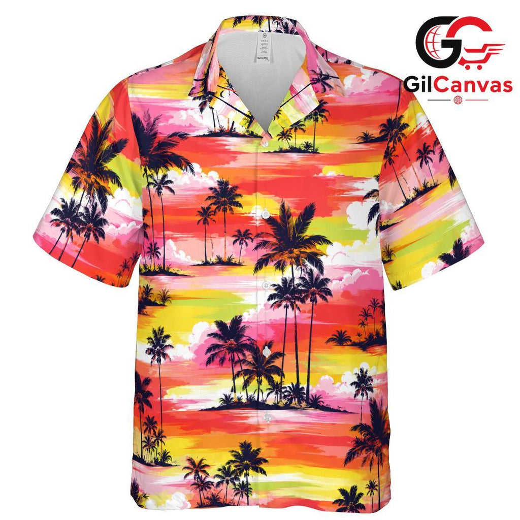 Colorful Palm Tree Sunset Tee, Mens Tropical Aloha Style Summer Beach Vacation