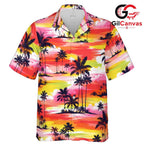 Colorful Palm Tree Sunset Tee, Mens Tropical Aloha Style Summer Beach Vacation