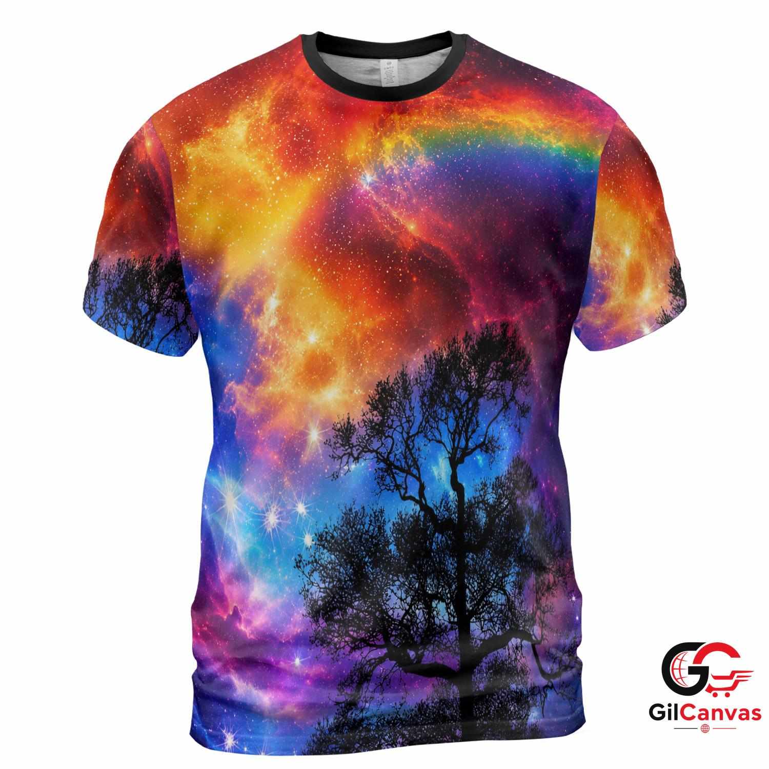 Cosmic Galaxy Tree 3D T-Shirt, Vibrant Unisex Fantasy Art Graphic Tee Everyday Wear