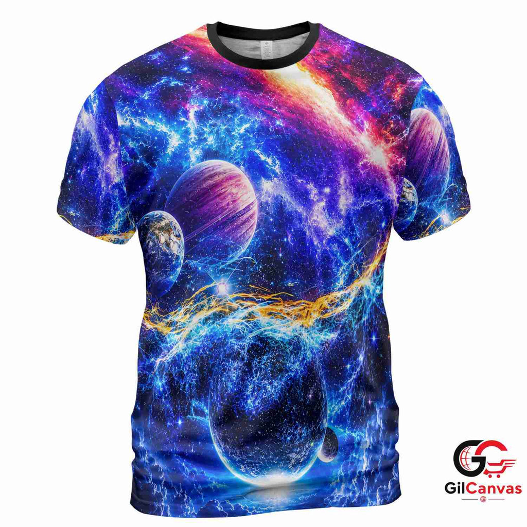 Cosmic Planets Art 3D T-Shirt, Vibrant Unisex Space Graphic Tee For Astronomy