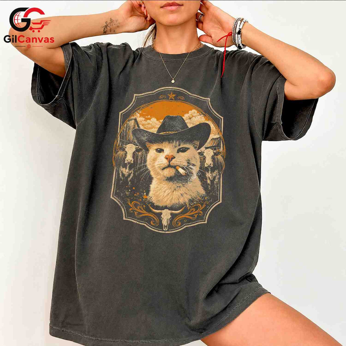Country Funny Cat T-Shirt Unisex Animal Lover Theme Feline Graphic Casual Apparel