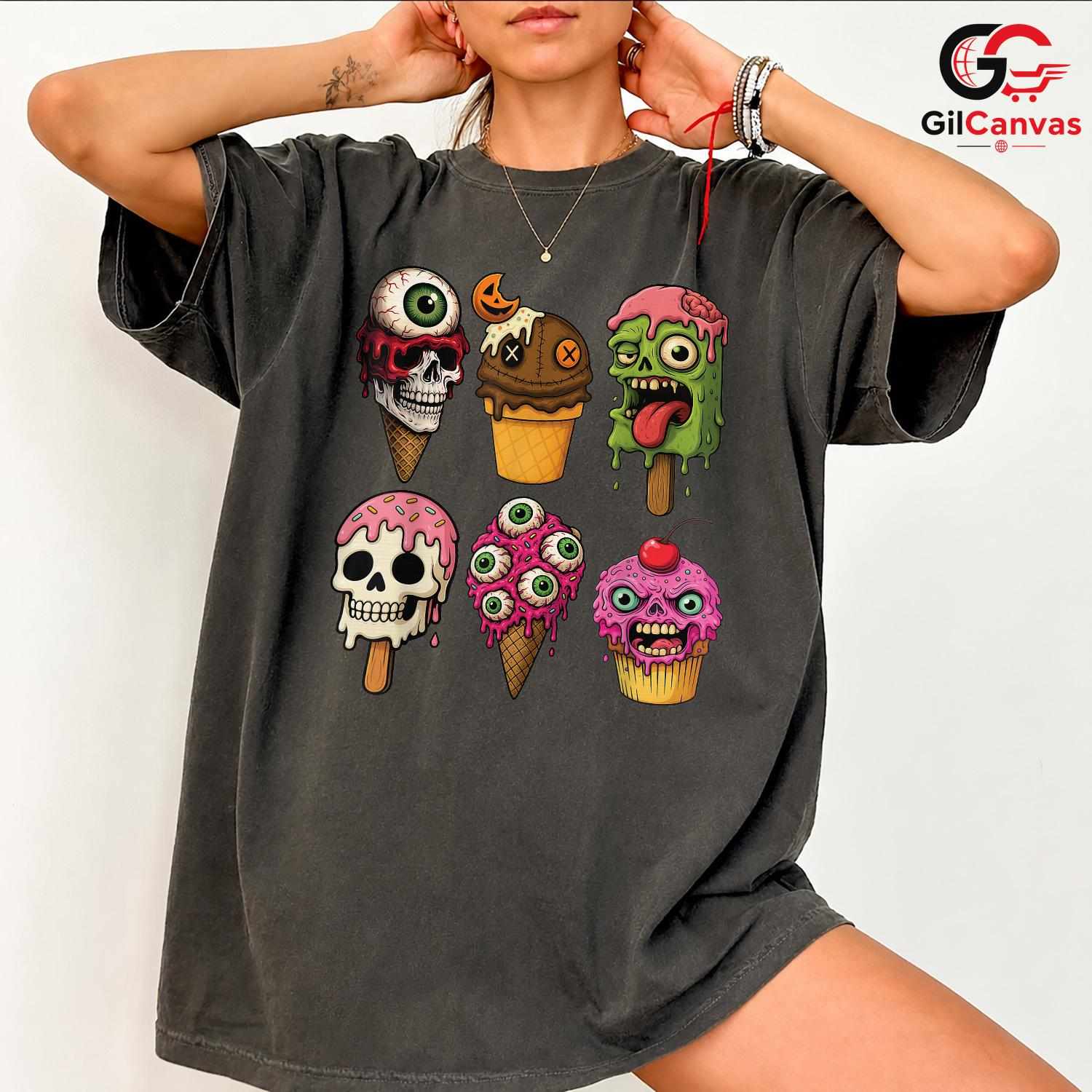 Creepy Ice Cream Skull T-Shirt Unisex Cool Halloween Party Gift Teens Adults