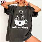 Cute Cat Coffee T-Shirt Feline Lover Perfect Occasion Custom Graphic Unisex