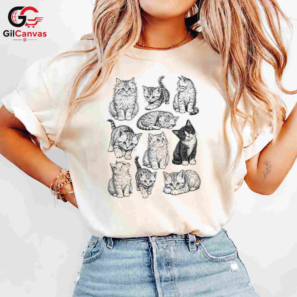 Cute Cat Illustration T-Shirt Feline Lover Perfect Gift Idea Women Men Shirt