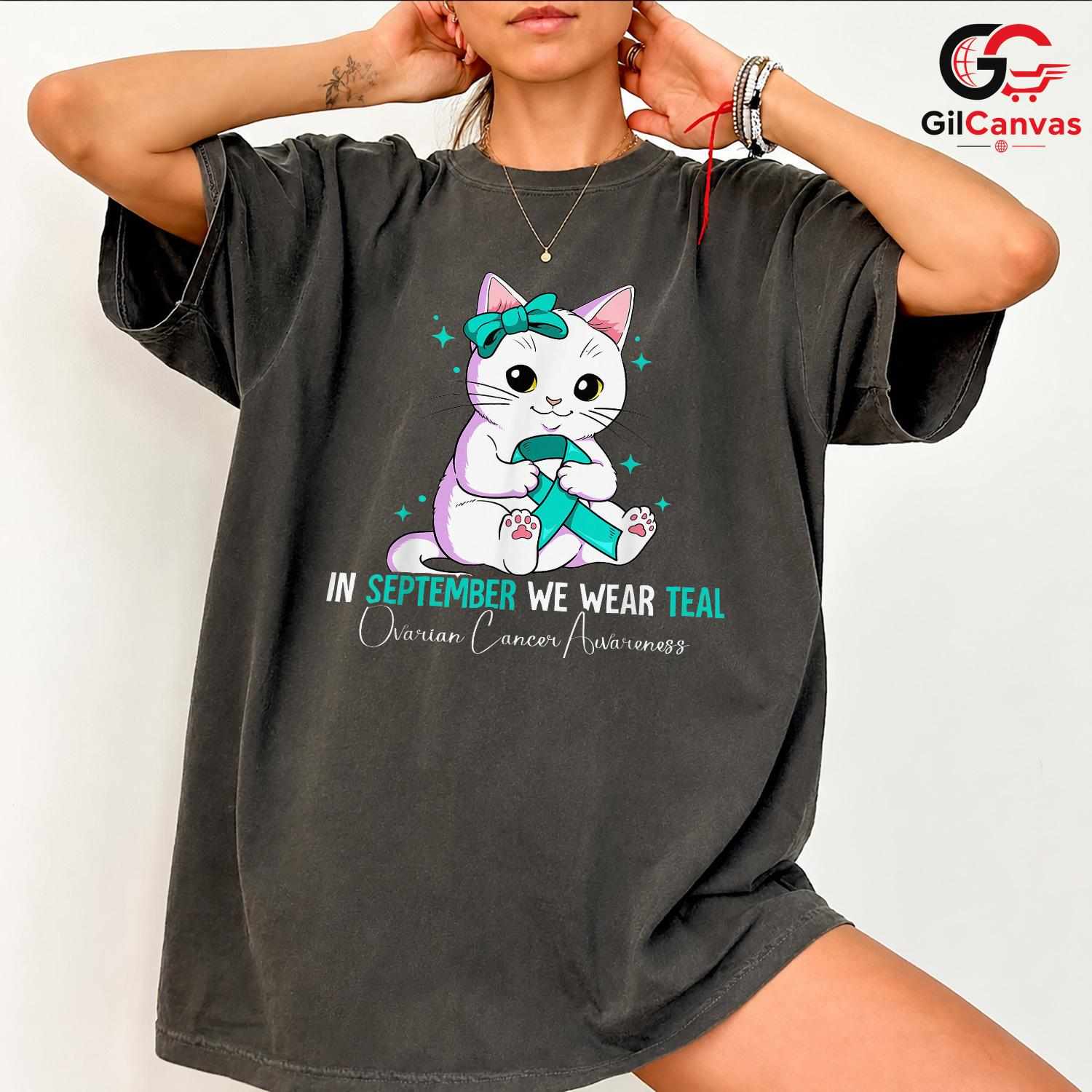 Cute Cat Ovarian Cancer Shirt Unisex September Awareness Ribbon Gift For All