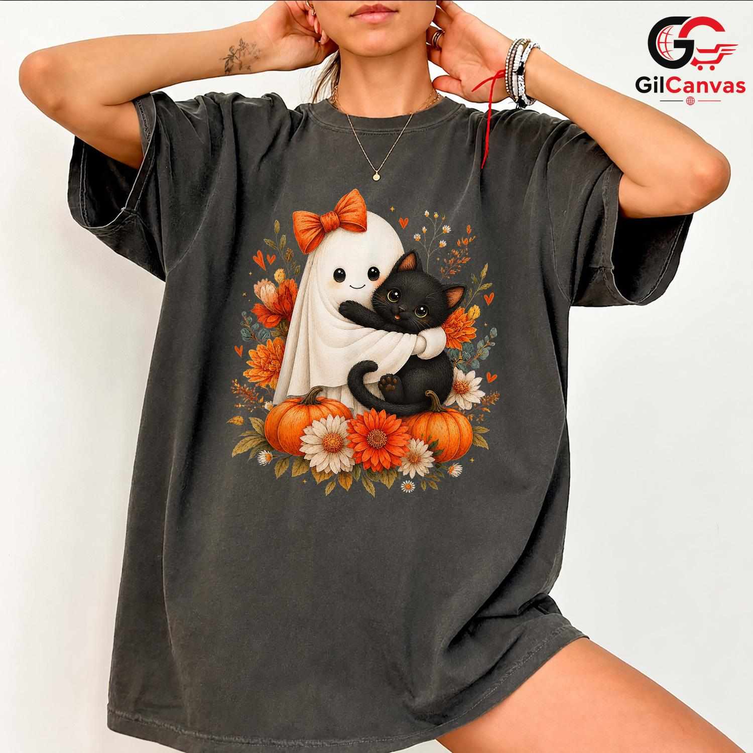 Cute Ghost And Cat Tee Shirt Unisex Fun Spooky Halloween Gift Idea For Kids