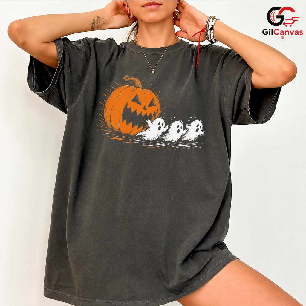 Cute Ghost Pumpkin T-Shirt Halloween Perfect Kids Fun Graphic Tee Boys Girls