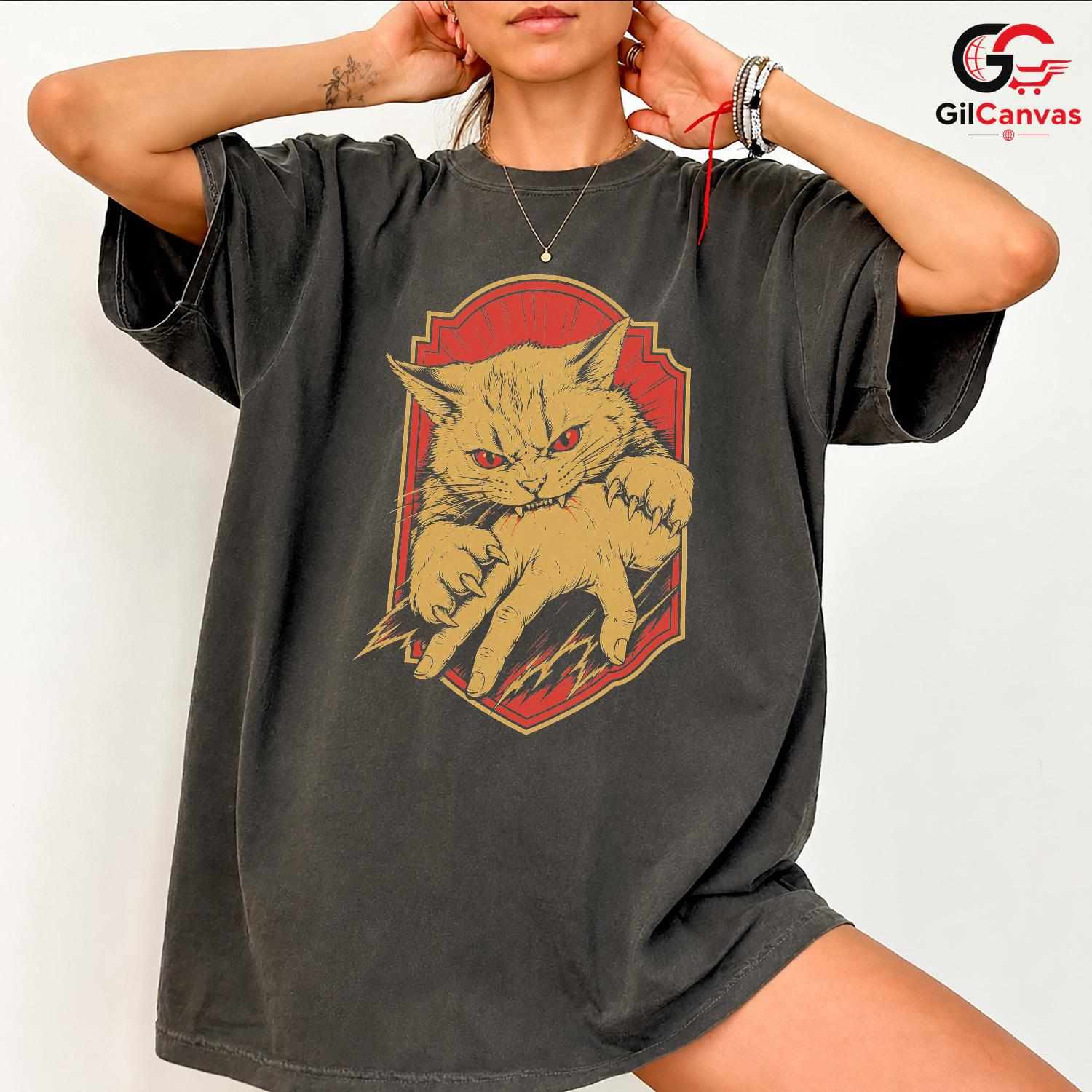 Dark Gothic Angry Cat T-Shirt Feline Attack Halloween Unisex Pet Graphic Apparel