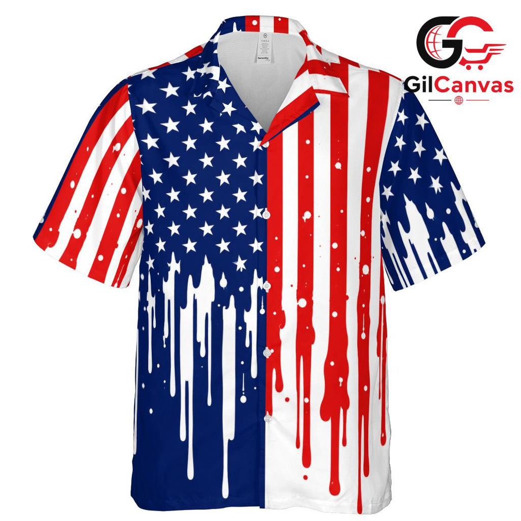 Dripping USA Flag Shirt Men, Custom Independence Day Fashion Summer Events