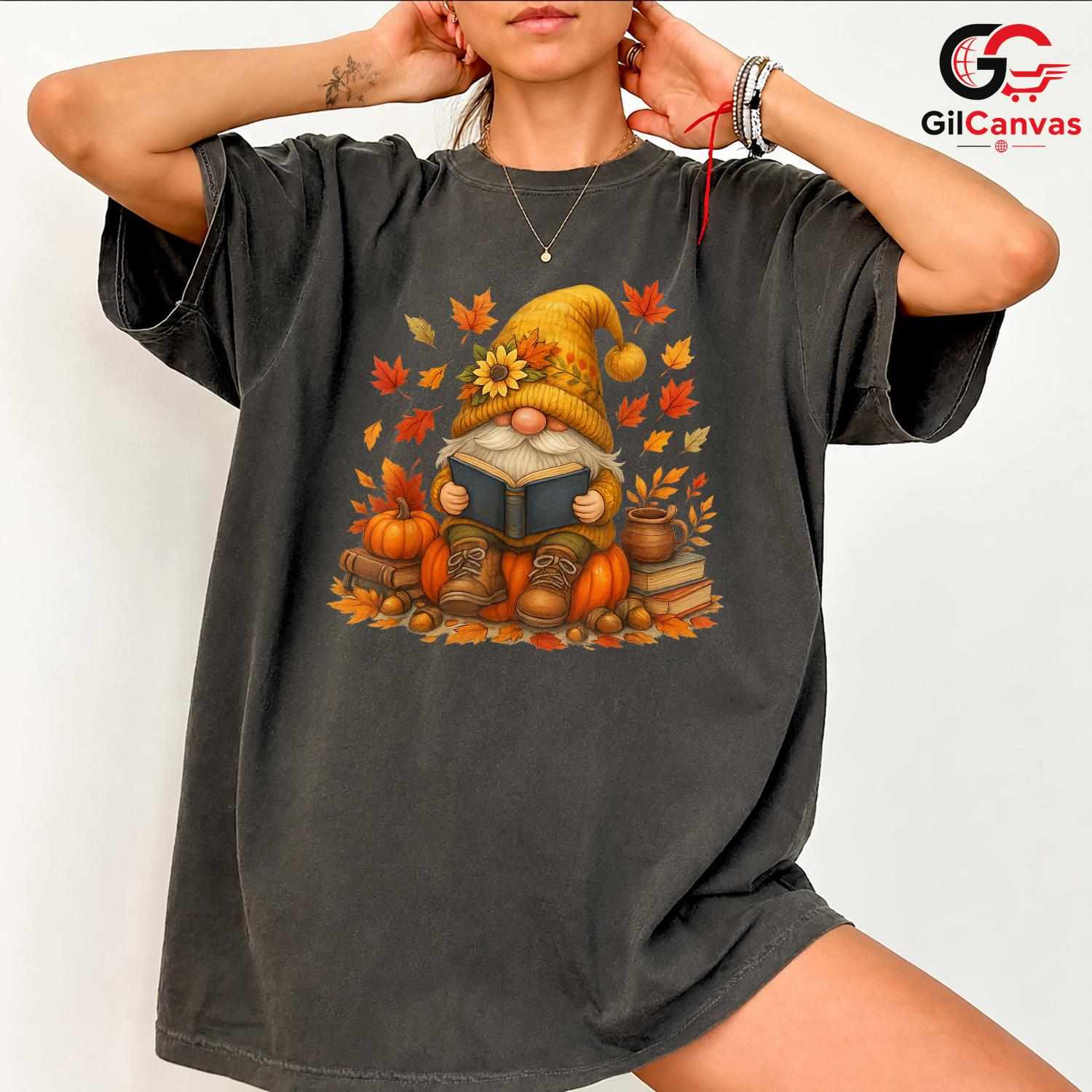 Fall Reading Gnome T-Shirt Unisex Cute Autumn Book Lover Enthusiast Gift
