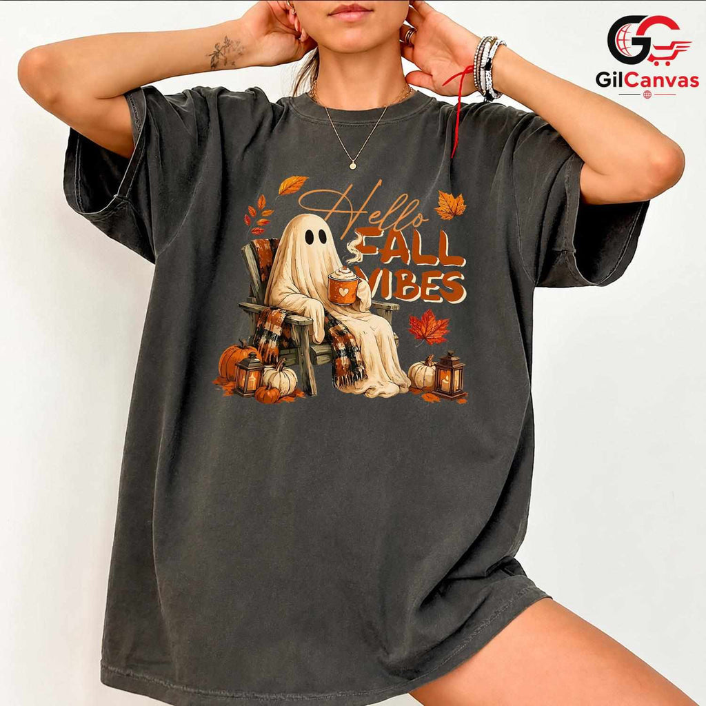 Fall Vibes Ghost Halloween Tee Unisex Spooky Autumn Lover Gift Kids Adults