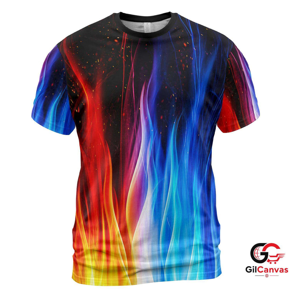 Fire And Ice Flame 3D T-Shirt, Vibrant Unisex Artistic Graphic Tee For Festival Fun
