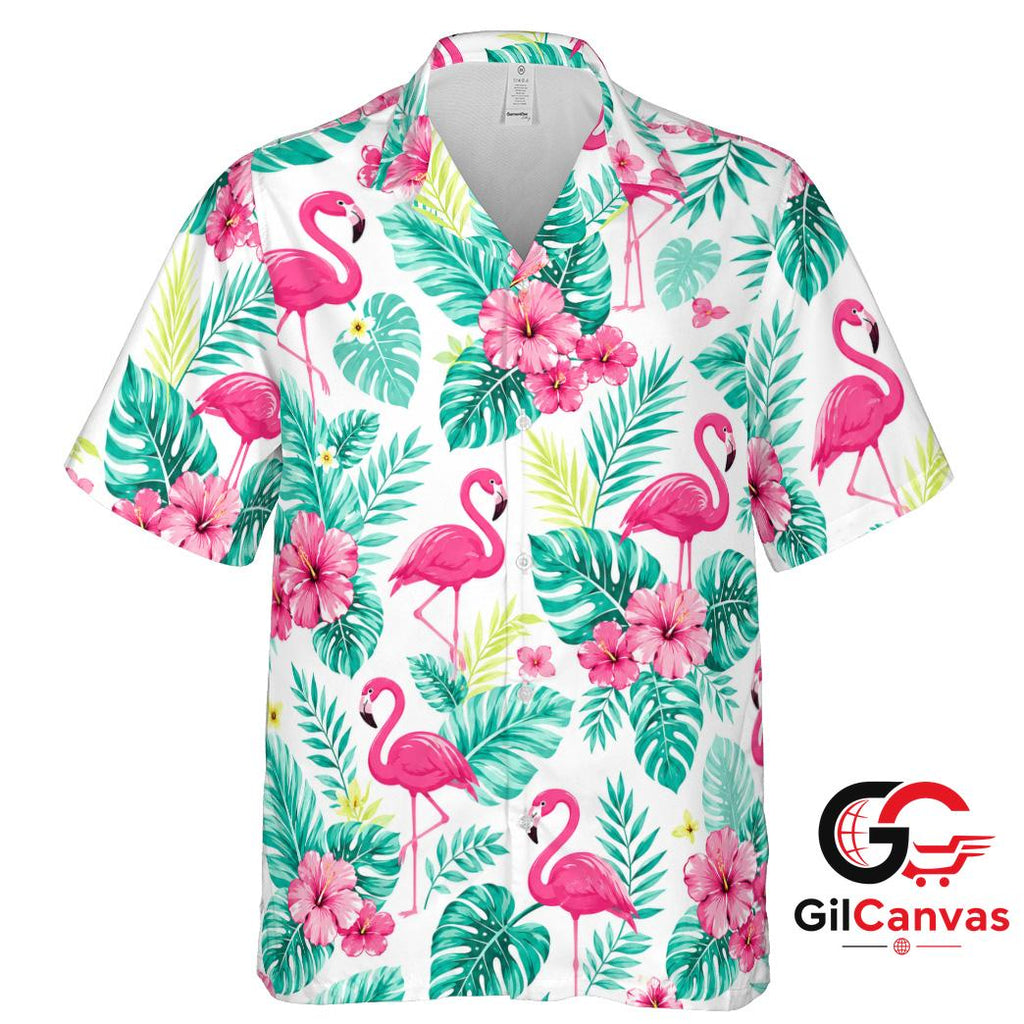 Flamingo Print Hawaiian Shirt For Unisex Summer Vacation Tropical Floral Vibe