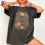 Floral Dragonfly T-Shirt Spring Fashion Garden Party Eco Friendly Women Tee