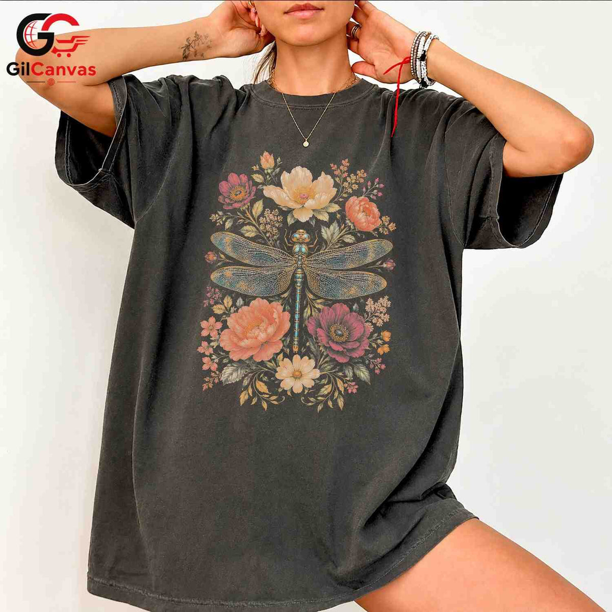 Floral Dragonfly T-Shirt Spring Fashion Garden Party Eco Friendly Women Tee