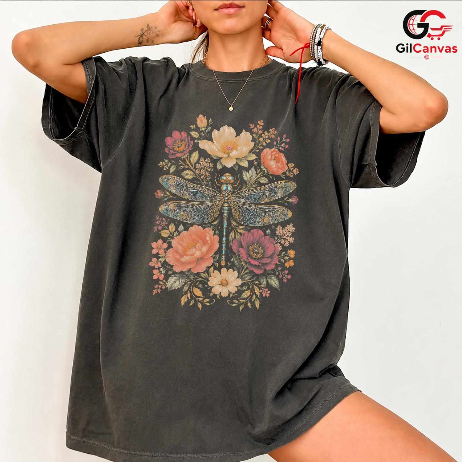 Floral Dragonfly T-Shirt Spring Fashion Garden Party Eco Friendly Women Tee