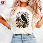 Floral Raven Art Halloween Tee Men Women Spooky Bird Design Nature Graphic Shirt