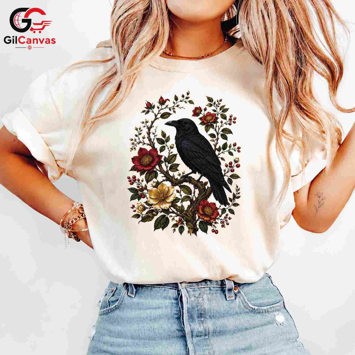 Floral Raven Art Halloween Tee Men Women Spooky Bird Design Nature Graphic Shirt
