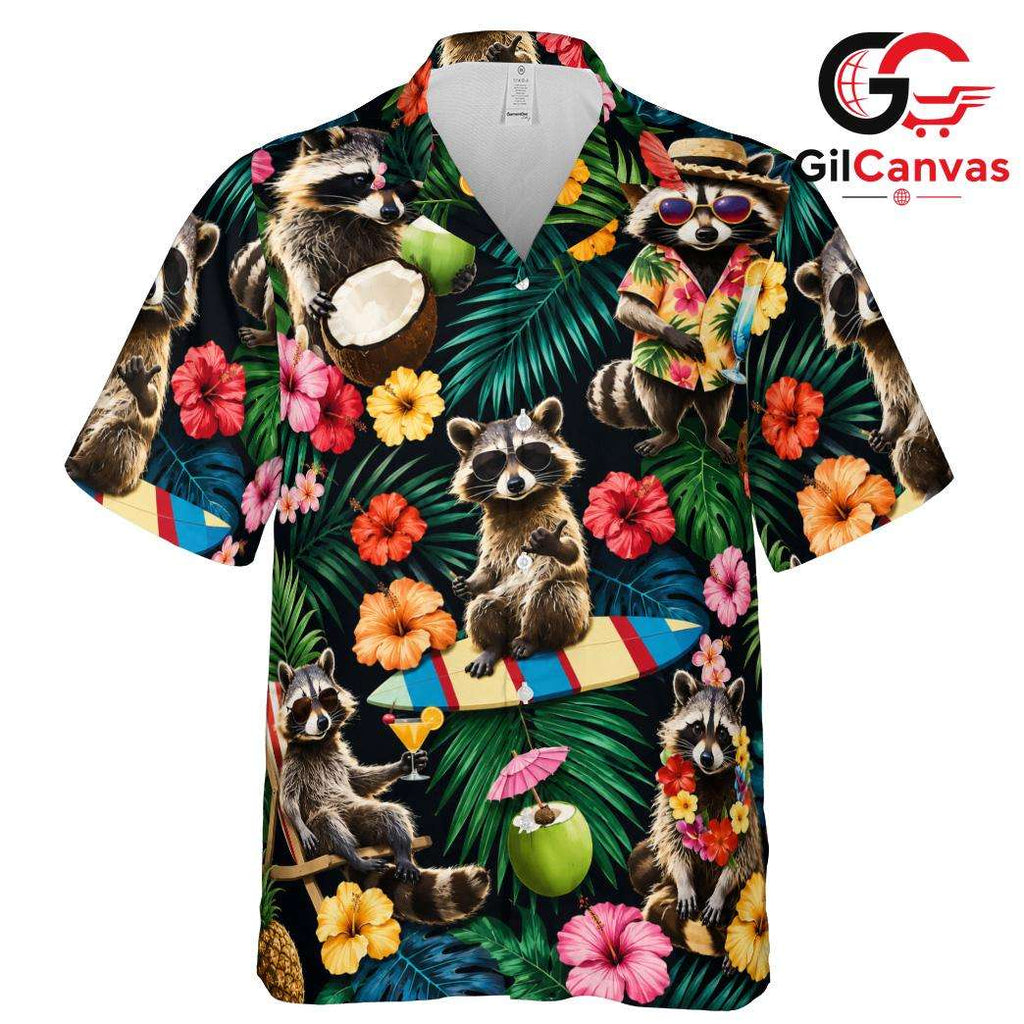 Funny Raccoon Island Critter Shirt, Mens Aloha Party Wear Summer Vacation